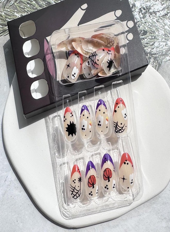 UCCASA Halloween Almond Press on Nails French Tip Fake Nails Short Almond Acrylic Full Cover False Nails Glossy Pumpkin Ghost Glue on Nails Orange Purple Nail Tips Stick on Nails Artificial Nails for Women - Image 4